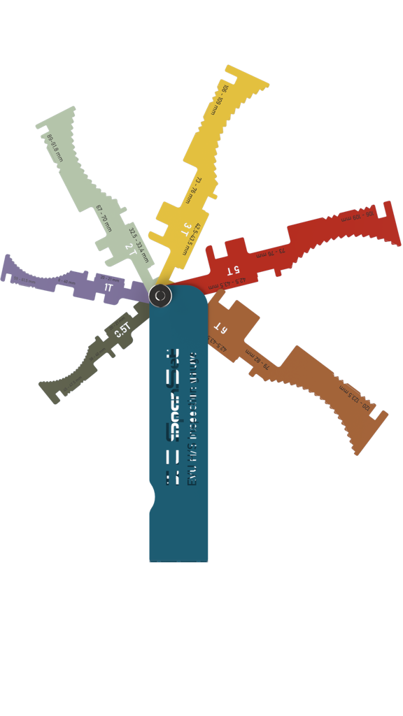 Fan-out inspection gauge set with colour-coded blades per clamp capacity