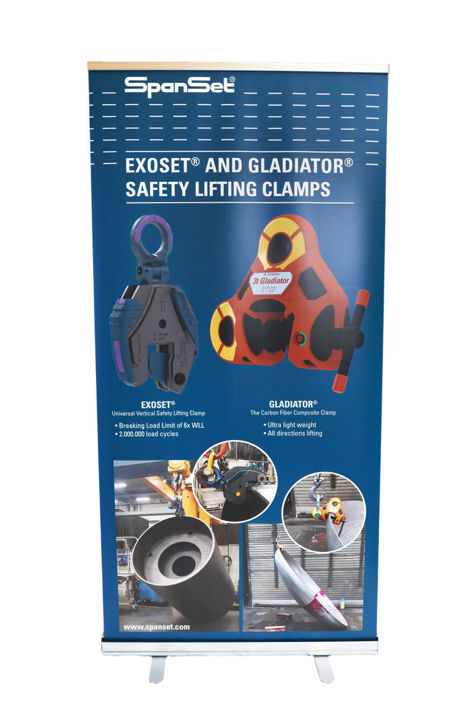 Roll-up banner showing Exoset and Gladiator safety lifting clamps