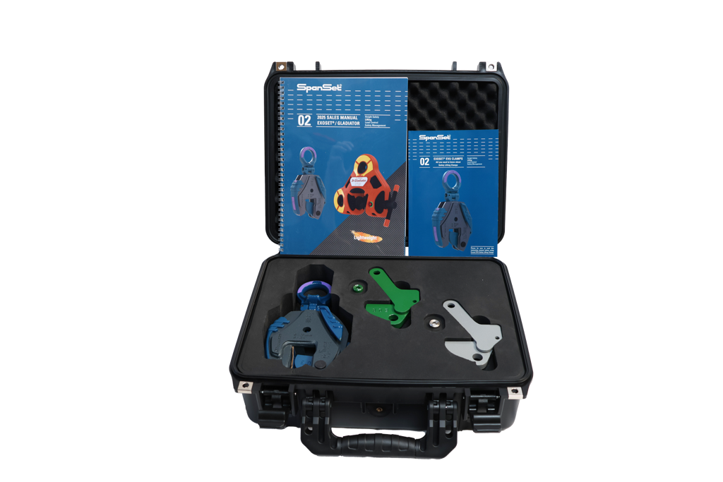 Demo case with Exoset and Gladiator lifting clamp demo parts and sales manuals